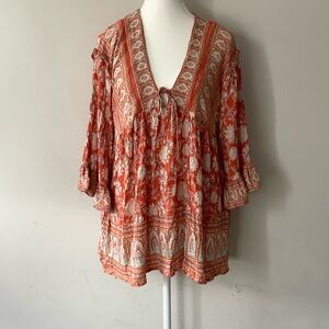 NWOT Free People Orange and Cream Colorful Patterned Blouse - Size M